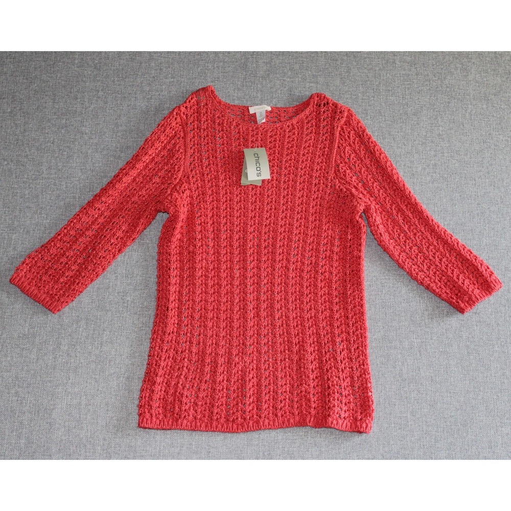 Chico's Sweater Nancy Openwork Knit Women 0 Island Coral 3/4 Sleeve NWT